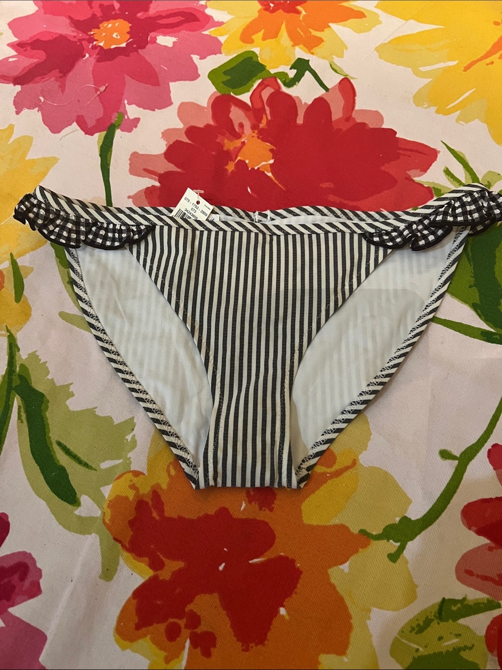 aerie Black & White Striped Bikini Bottom with ruffle Trim